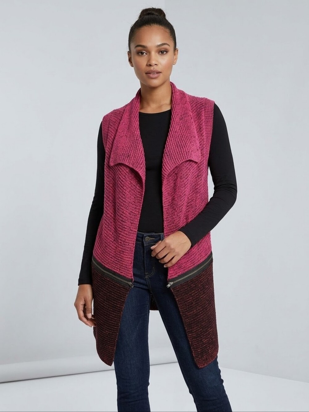 NWOT Cotton Country Pink Black Open Front Waterfall Cardigan Vest Sleeveless M